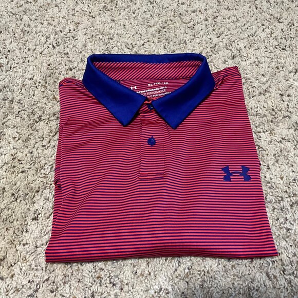 Under Armour Mens XL  TG Red & Blue Striped Polo Shirt With Moisture-Wicking - Picture 10 of 15